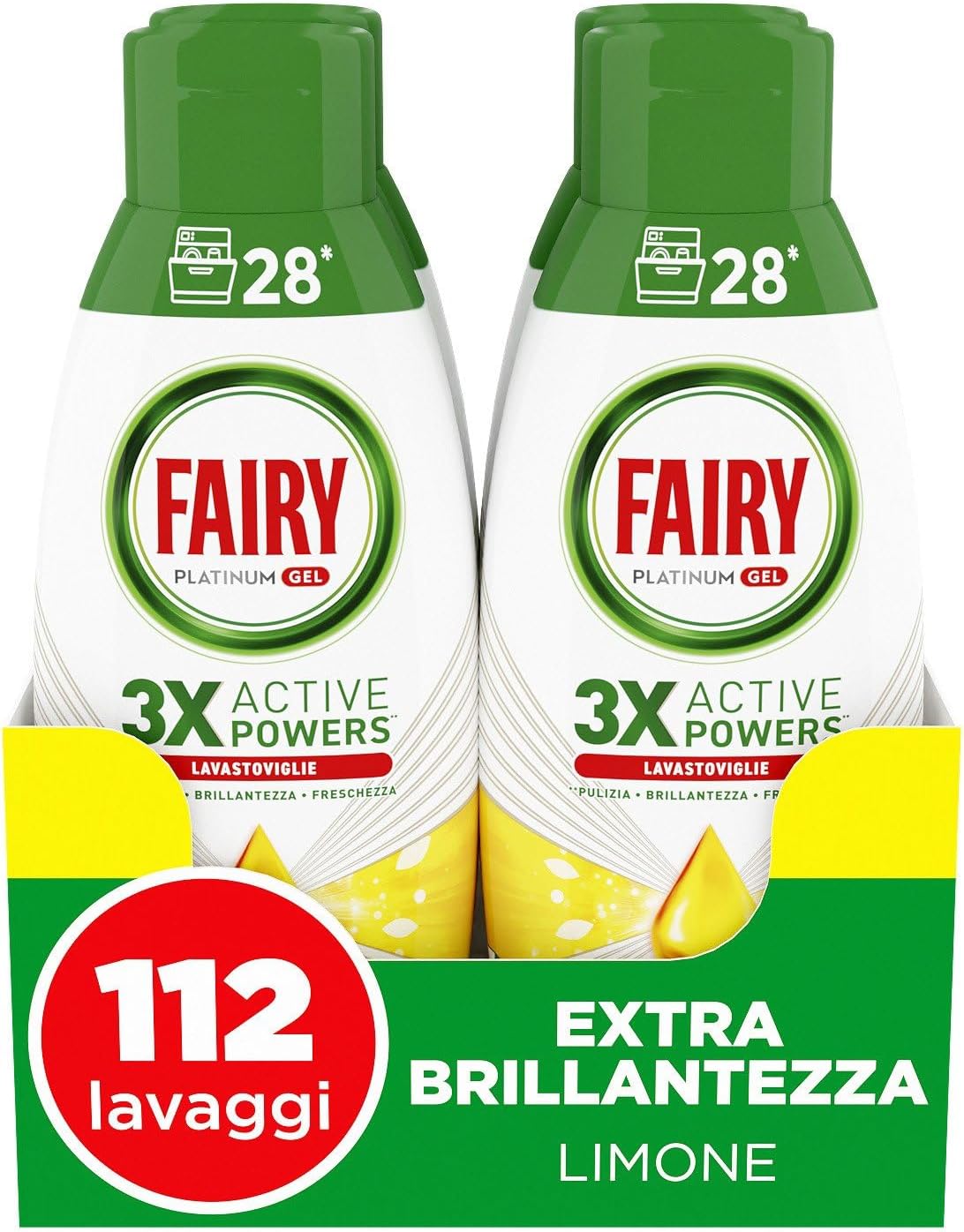 Fairy Detersivo Lavastoviglie Gel Liquido,112 Lavaggi, Confezione da 4 Bottiglie, Platinum Limone, Dona Extra Brillantezza Alla Lavastoviglie, Combina Pulizia Brillantezza E Freschezza